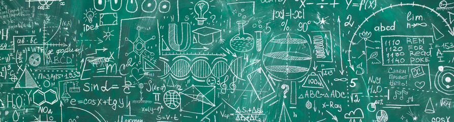 School chalk board is painted with different formulas and signs from the school curriculum. A green blackboard is drawn in chalk as a background. The concept of knowledge and learning. long banner. © Vera