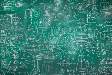 School chalk board is painted with different formulas and signs from the school curriculum. A green...