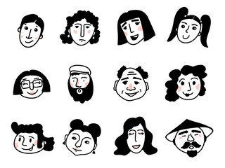 Cartoon face set. People doodle icon collection, avatars for social media, website. Black and white hand drawn comic caricature. Stick figure faces. Vector illustration.