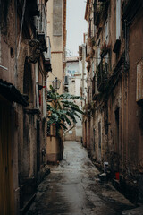Blick in eine schmale Gasse in Tropea an einem Regentag (Kalabrien, Italien)