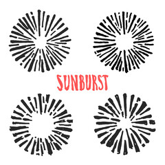 Sun burst set. Trendy hand drawn retro sunburst collection. Bursting rays design elements for logo, tag, stamp, t shirt, banner, emblem. Vector illustration