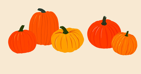 Vector Illustration of Five Isolated Pumpkins on Cream Colored Background, Autumn Themed Still Life