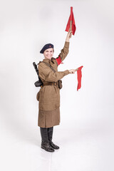 Young female traffic controller in military clothes of the Soviet army during the wwii 1940s