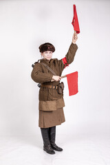 Young female traffic controller in military clothes of the Soviet army during the wwii 1940s