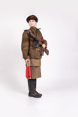 Young female traffic controller in military clothes of the Soviet army during the wwii 1940s