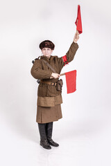 Young female traffic controller in military clothes of the Soviet army during the wwii 1940s