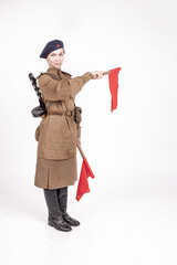 Young female traffic controller in military clothes of the Soviet army during the wwii 1940s