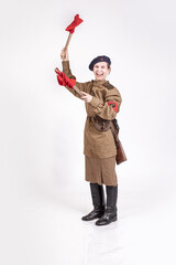 Young female traffic controller in military clothes of the Soviet army during the wwii 1940s
