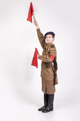 Young female traffic controller in military clothes of the Soviet army during the wwii 1940s