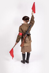Young female traffic controller in military clothes of the Soviet army during the wwii 1940s