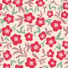 Cute flowers with leaves seamless repeat pattern. Random placed, vector botanical elements all over surface print on beige background.