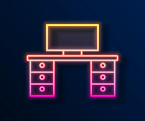 Glowing neon line Office desk icon isolated on black background. Vector