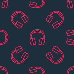 Red line Headphones icon isolated seamless pattern on black background. Earphones. Concept for listening to music, service, communication and operator. Vector