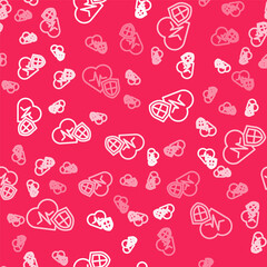 White line Life insurance with shield icon isolated seamless pattern on red background. Security, safety, protection, protect concept. Vector