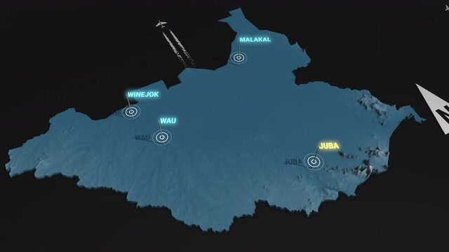 Seamless looping animation of the 3d terrain map at nighttime of South Sudan with the capital and the biggest cites in 4K resolution