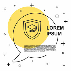 Black line Graduation cap with shield icon isolated on white background. Insurance concept. Security, safety, protection, protect concept. Random dynamic shapes. Vector