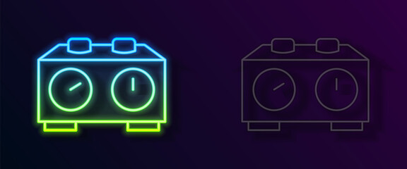 Fototapeta premium Glowing neon line Time chess clock icon isolated on black background. Sport equipment. Vector
