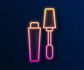 Glowing neon line Mascara brush icon isolated on black background. Vector