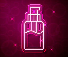 Fototapeta premium Glowing neon line Bottle of liquid antibacterial soap with dispenser icon isolated on red background. Disinfection, hygiene, skin care concept. Vector
