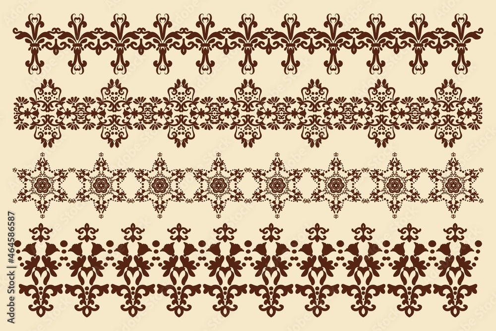 Fototapete Patterned borders with floral elements. Set of ornaments in vintage style. Design element. Computer graphics.