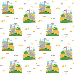 White goose on the background of the field and nature. Seamless pattern in a farm mood. Cartoon illustration in childrens style.