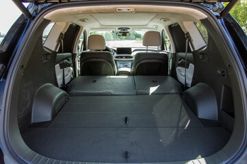 Huge, clean and empty car trunk in interior of compact suv. Rear view of a SUV car with open trunk