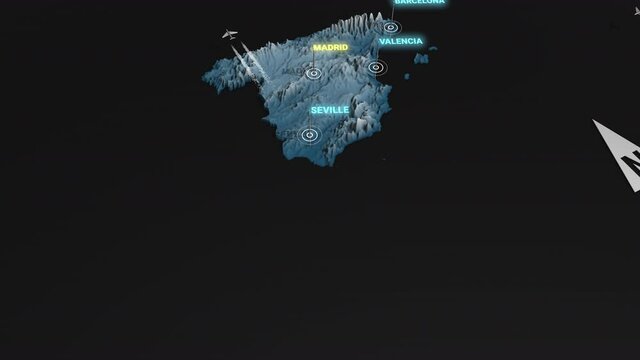 Seamless looping animation of the 3d terrain map at nighttime of Spain with the capital and the biggest cites in 4K resolution