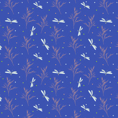 A pattern of grass stems and dragonflies