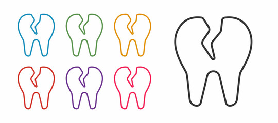 Set line Broken tooth icon isolated on white background. Dental problem icon. Dental care symbol. Set icons colorful. Vector