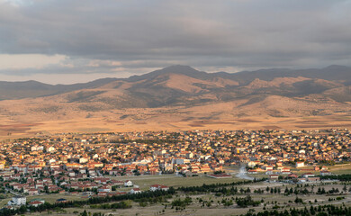 Emirdag City landscape view and mountain range in background, Afyonkarahisar, Turkey