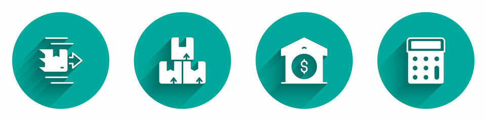 Set Carton cardboard box, Warehouse price and Calculator icon with long shadow. Vector