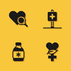 Set Medical heart inspection, Ethnoscience, Bottle of medicine syrup and Location hospital icon with long shadow. Vector