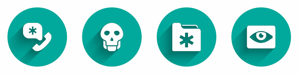 Set Emergency call 911, Skull, Medical health record folder and Red eye effect icon with long shadow. Vector