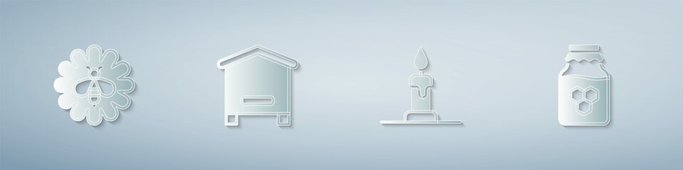 Set Bee on flower, Hive for bees, Burning candle and Jar of honey. Paper art style. Vector