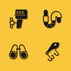 Set Outboard boat motor, Fishing lure, Binoculars and Worm icon with long shadow. Vector