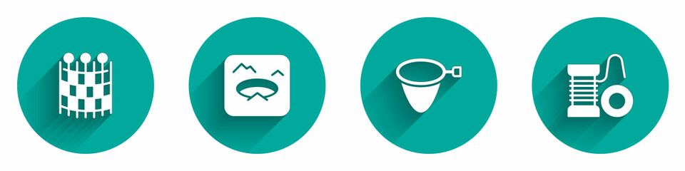 Set Fishing net pattern, Winter fishing, and Spinning reel for icon with long shadow. Vector