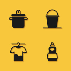 Set Cooking pot, Dishwashing liquid bottle, Drying clothes and Bucket icon with long shadow. Vector