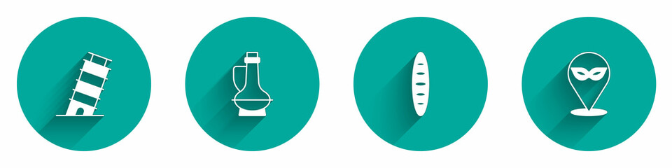 Set Leaning tower in Pisa, Bottle of olive oil, French baguette bread and Carnival mask icon with long shadow. Vector