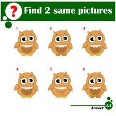 Educational game for children. Find two same pictures. Set of cute owls
