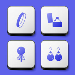 Set Wedding ring, Diamond engagement box, Stud earrings and Earrings icon. White square button. Vector