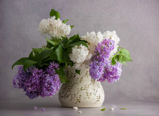 Bouquet of white and violet lilac
