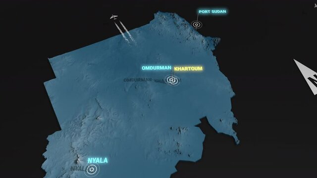 Seamless looping animation of the 3d terrain map at nighttime of Sudan with the capital and the biggest cites in 4K resolution