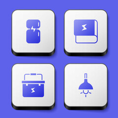 Set Refrigerator, Book about electricity, Toolbox electrician and Lamp hanging icon. White square button. Vector
