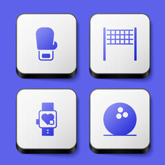Set Boxing glove, Volleyball net, Smart watch with heart and Bowling icon. White square button. Vector
