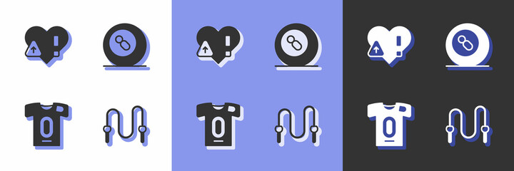 Set Jump rope, Heart rate, Football jersey and t-shirt and Billiard pool snooker icon. Vector