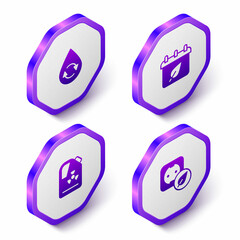 Set Isometric Recycle clean aqua, Calendar with autumn leaves, Radioactive waste in barrel and Electrical outlet icon. Purple hexagon button. Vector