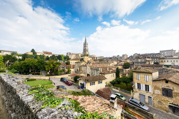 Top view of Saint-Emilion medieval village, Church Bell tower, World Heritage by UNESCO