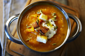Autumn pumpkin soup in a saucepan.
