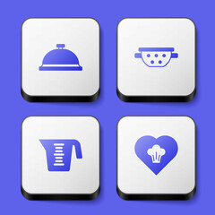 Set Covered with tray of food, Kitchen colander, Measuring cup and Chef hat icon. White square button. Vector