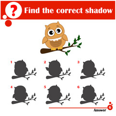 Find the correct shadow. Educational game for children. Cute owl on a branch